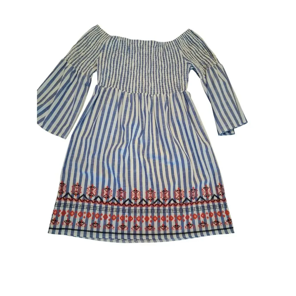 Braeve Coastal Boho Embroidered Cotton Mini Dress Bell Sleeve M - Picture 4 of 9